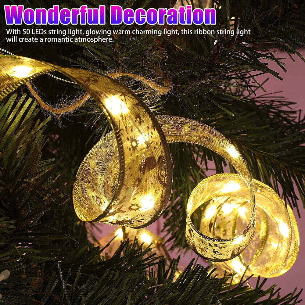 Christmas Light Crismas Decoration Party DIY Bows  Xmas Tree Ornament Navidad Home LED Ribbon Fairy Lights String New Year 2023