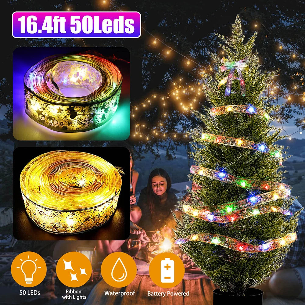 Christmas Light Crismas Decoration Party DIY Bows  Xmas Tree Ornament Navidad Home LED Ribbon Fairy Lights String New Year 2023